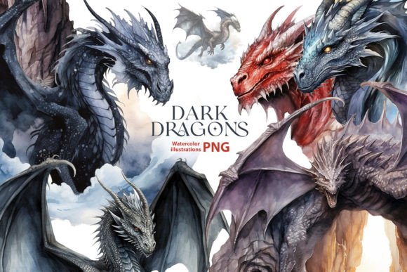 Download Watercolor Dark Dragons Clipart Set - Art Collection