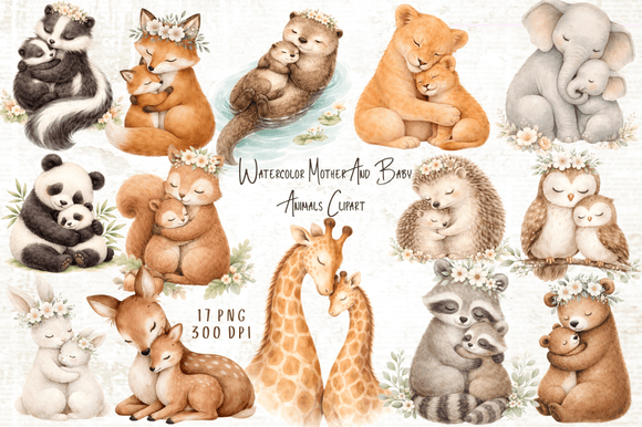 Download Mother &amp; Baby Animals Watercolor Clipart - Art Collection