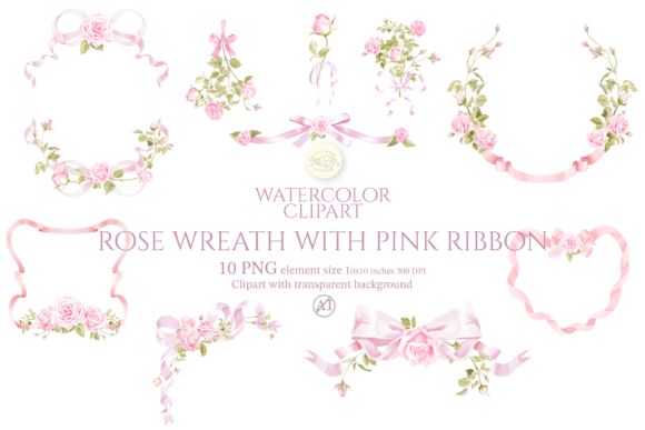 Download Rose Wreath with Pink Ribbon Bow Clipart - Art Collection