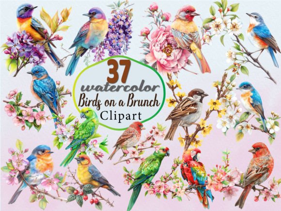 Download Watercolor Birds on a Brunch Clipart PNG - Art Collection
